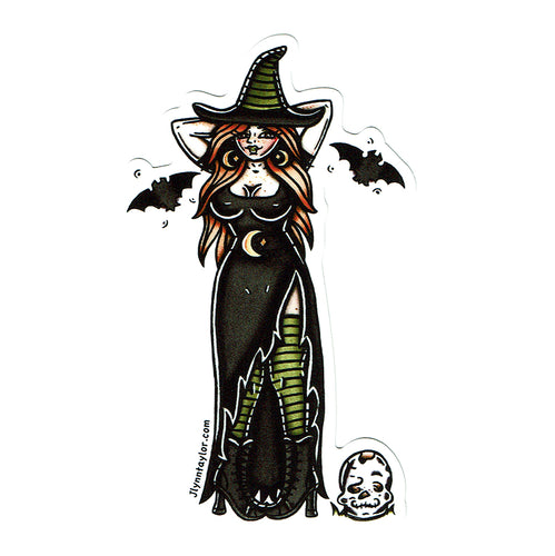 American traditional tattoo flash illustration Witch and Skull Pinup  sticker.