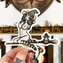 Load image into Gallery viewer, American traditional tattoo flash Witch and Toad Pinup watercolor sticker.
