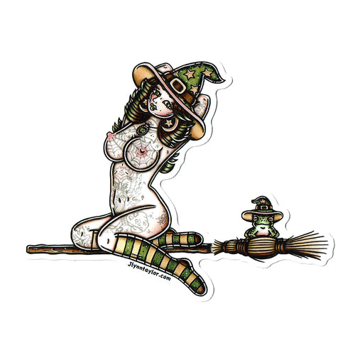 American traditional tattoo flash Witch and Toad Pinup watercolor sticker.