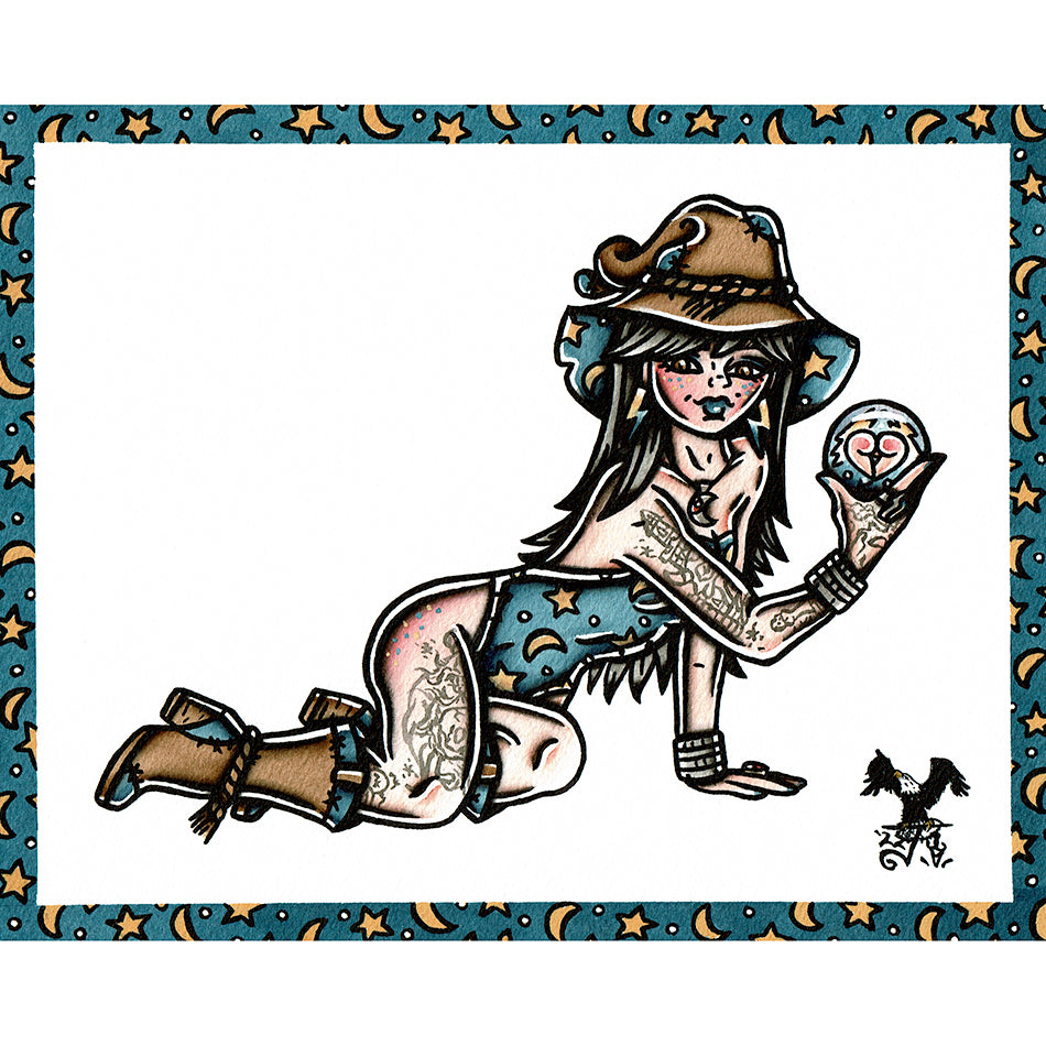 American traditional tattoo flash Wizard Pinup watercolor painting.