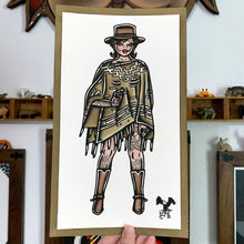 Load image into Gallery viewer, American traditional tattoo flash vaquero the woman with no name pinup watercolor painting.
