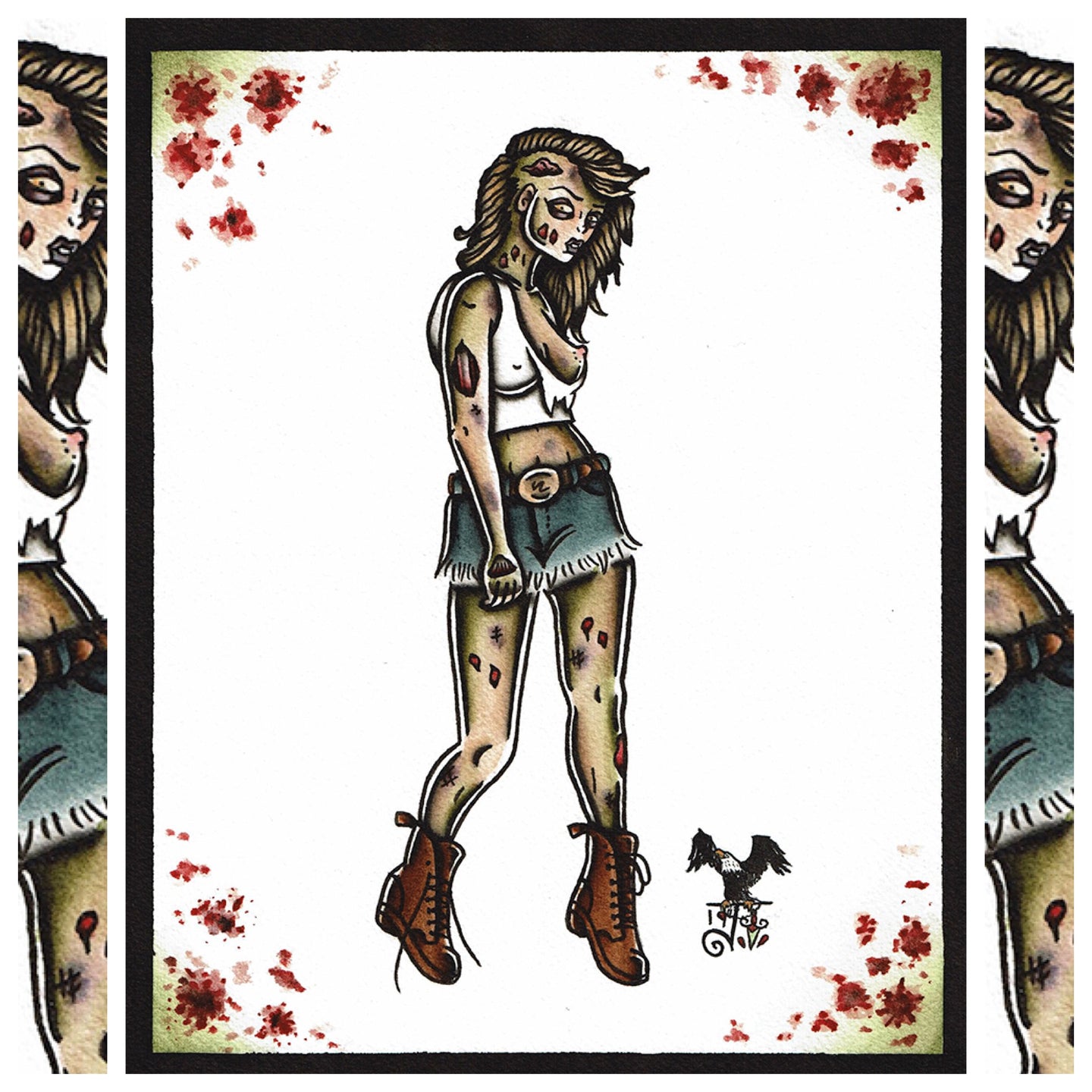 American Traditional tattoo flash sexy zombie pinup spitshade painting.