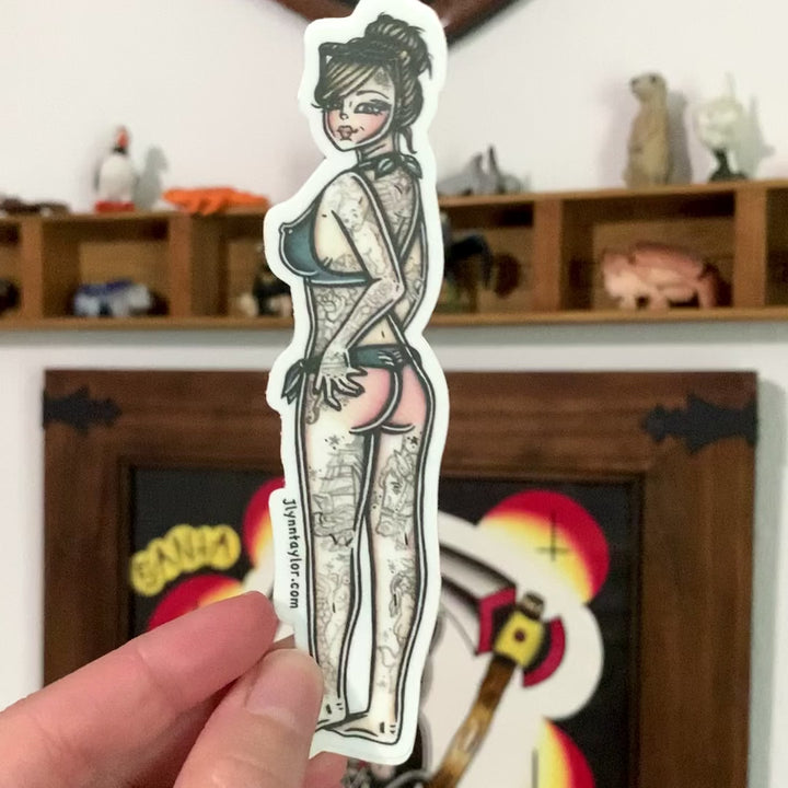 American traditional tattoo flash bikini pinup watercolor sticker.