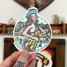 Load and play video in Gallery viewer, American traditional tattoo flash Santa Cruz Beach Boardwalk Skateboard  Pinup watercolor sticker.
