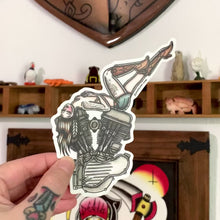 Load and play video in Gallery viewer, American traditional tattoo flash Harley Motorcycle Panhead Engine Pinup watercolor sticker.
