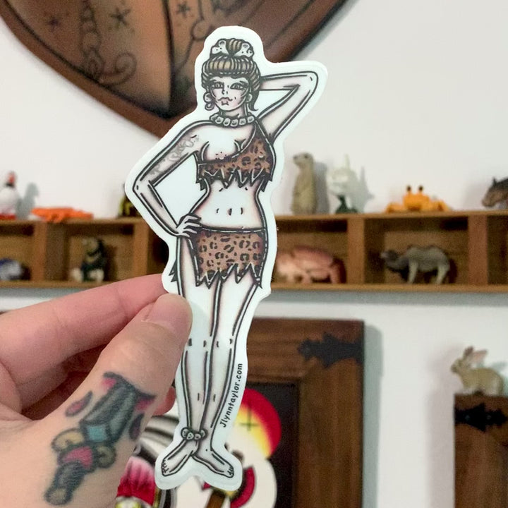 American traditional tattoo flash Cavewoman  Pinup watercolor sticker.