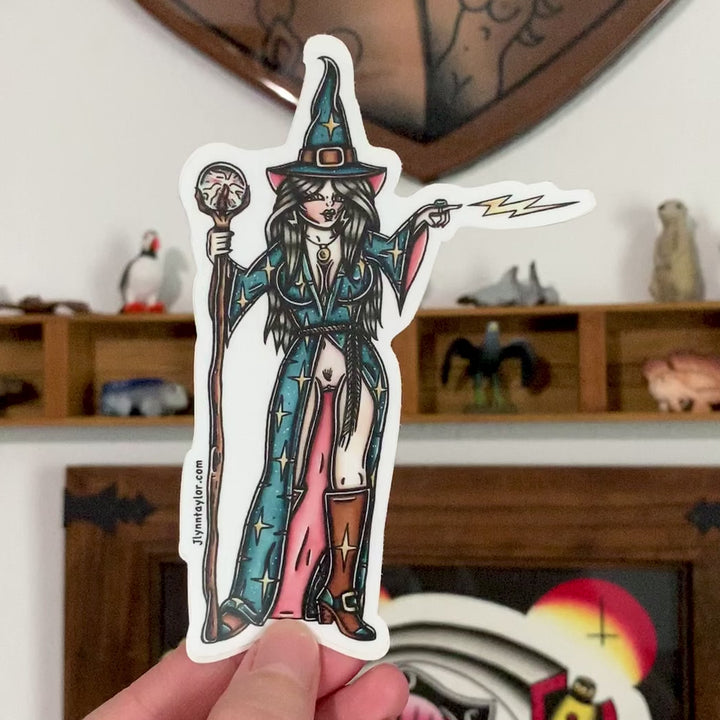 American traditional tattoo flash Naughty Wizard Pinup watercolor sticker.
