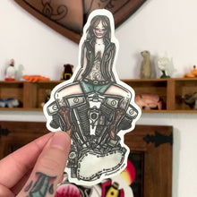 Load and play video in Gallery viewer, American Traditional tattoo flash illustration Harley Motorcycle Shovelhead Engine Pinup watercolor sticker.
