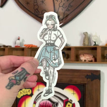 Load and play video in Gallery viewer, American traditional tattoo flash illustration  1950&#39;s Poodle Skirt Pinup watercolor sticker.
