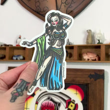 Load and play video in Gallery viewer, American traditional tattoo flash Belly Dancer Pinup watercolor sticker.
