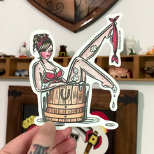 Load and play video in Gallery viewer, American traditional tattoo flash country barrel wash tub pinup watercolor sticker.
