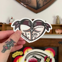 Load and play video in Gallery viewer, American Traditional tattoo flash Purple Scrunch Butt Booty Heart watercolor sticker.
