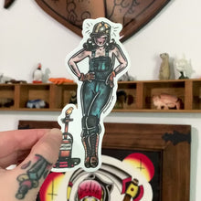 Load and play video in Gallery viewer, American traditional tattoo flash West Virginia Coal Miner and Canary Pinup watercolor sticker.
