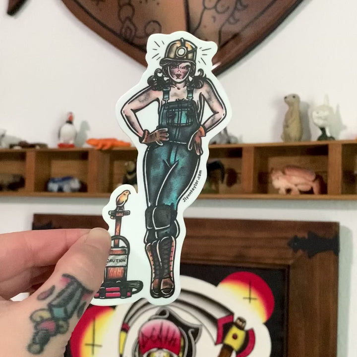 American traditional tattoo flash West Virginia Coal Miner and Canary Pinup watercolor sticker.