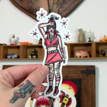 Load and play video in Gallery viewer, American traditional tattoo flash Judy Jetson Pinup watercolor sticker.
