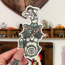 Load and play video in Gallery viewer, American Traditional tattoo flash Harley Motorcycle 1909 V-Twin Engine Pinup watercolor sticker.
