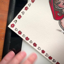 Load and play video in Gallery viewer, American traditional tattoo flash Little Red Riding Hood Pinup and Wolf watercolor painting.
