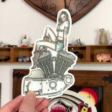 Load and play video in Gallery viewer, American Traditional tattoo flash illustration Harley Motorcycle Evolution Sport Engine Pinup watercolor sticker.
