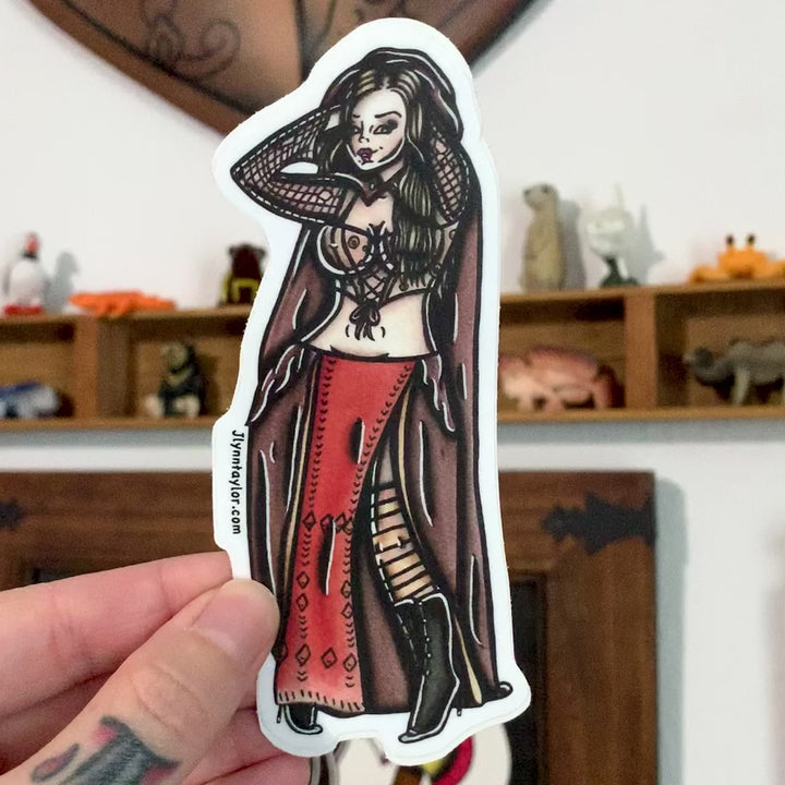 American Traditional tattoo flash Sarah Sanderson Witch Pinup watercolor sticker.