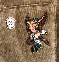 Load image into Gallery viewer, American traditional tattoo flash Sailor Jerry eagle pinup embroidered patch on canvas vest.
