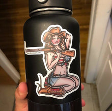 Load image into Gallery viewer, American traditional tattoo flash Sharpshooter Rifle Pinup watercolor sticker.
