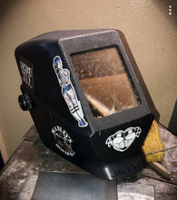 Load image into Gallery viewer, American traditional tattoo flash stickers on welding hood.
