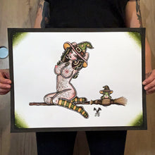 Load image into Gallery viewer, American traditional tattoo flash illustration nude Witch and Toad Pinup ink and watercolor painting.
