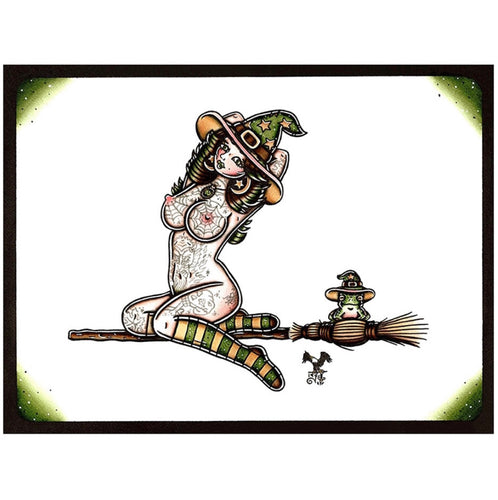American traditional tattoo flash illustration nude Witch and Toad Pinup ink and watercolor painting.